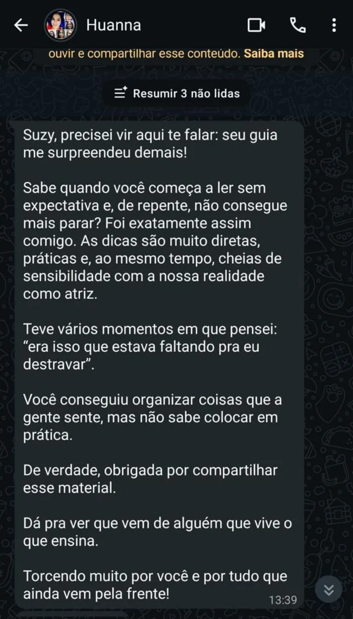 Mensagem da Marceline falando sobre o Guia Artístico do Ator